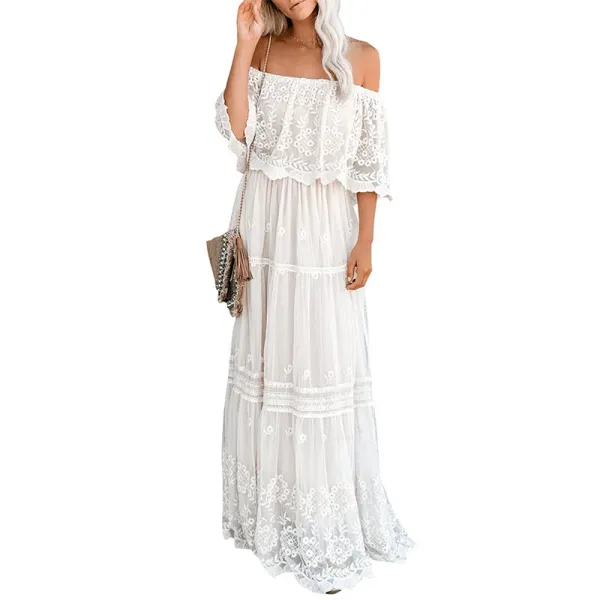 2024 Summer Women's Elegant High Waist One Shoulder Lace Dress Temperament Commuting Female Fashion Bat Sleeve Casual Dresses
