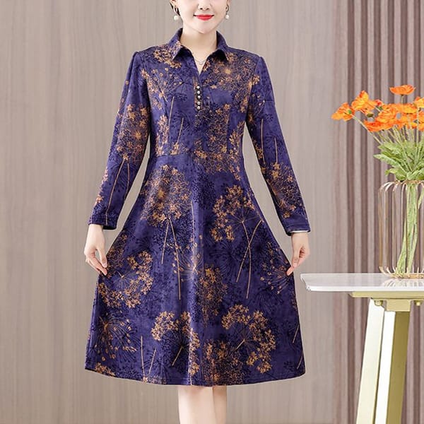 New Autumn Women's Lapel Long Sleeved Floral Dress Spring Fashionable and Elegant Versatile for Commuting Knee Length Dress