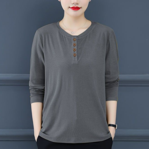 Women's Clothing 2023 Autumn and Winter New Fashion Splice Buttons Round Neck Long Sleeved Simplicity Solid Color Casual T-shirt