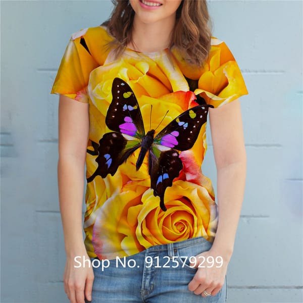 Women's Fashion T Shirt Butterfly Casual Short Sleeve Round Neck 3d Printed T-shirt Cute Funny Printing Shirt Tops