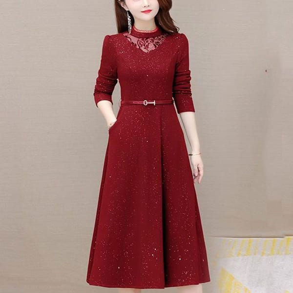 Winter Women's New Thickened Solid Color Half High Neck Lace Long Sleeved Dress Autumn Elegant Leisure Comfortable Dress