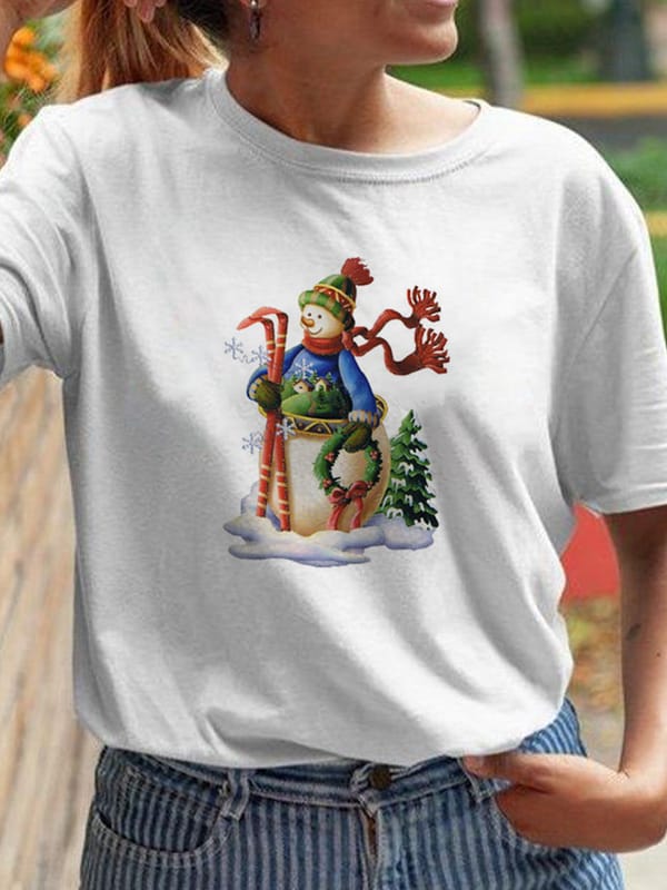 Women's T-Shirt Fashion Christmas 2022 Women Top Snowman Print Women Gift New Year Print Short Sleeve Vacation Merry Christmas