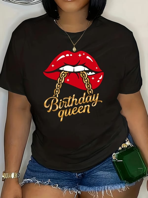 Birthday Lips Print Crew Neck T-Shirt, Casual Short Sleeve T-Shirt For Spring & Summer, Women's Clothing vintage