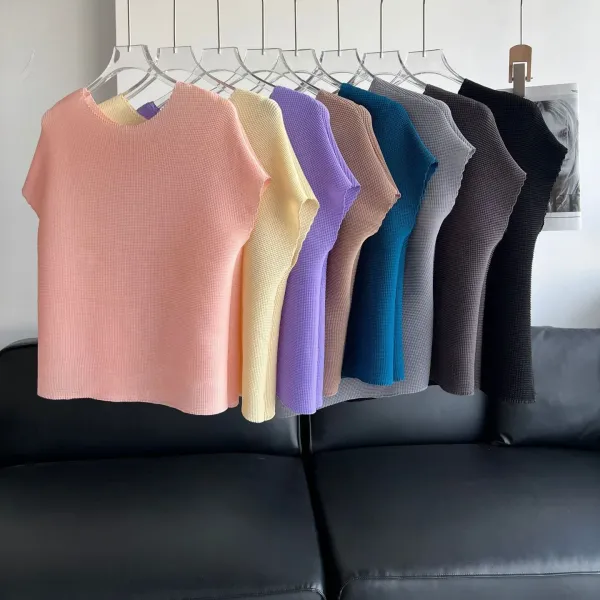 Round Neck Short-sleeved Women's Tops Fashion Temperament Tops Printed Pleated Loose Leisure Solid Color T-shirt 2024 Summer New
