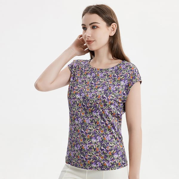 Silk Printed T-shirt Women's New Summer Raglan Sleeve Loose Top Mulberry Silk Knitted Large Round Neck Top