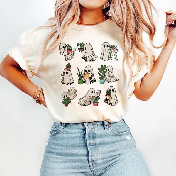Cute Ghost Halloween Plants Lover Printed T-Shirt Clothing Women's Short Sleeved Casual Style Summer O-Neck T-Shirt Cartoon Top