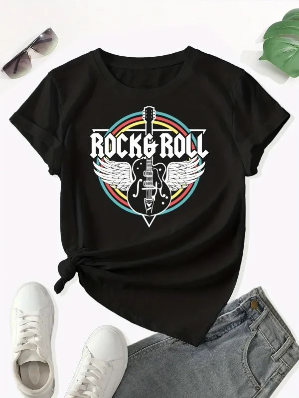 Women's Clothing Wings Guitar Print Crew Neck T-Shirt, Casual Short Sleeve Top For Spring & Summer,