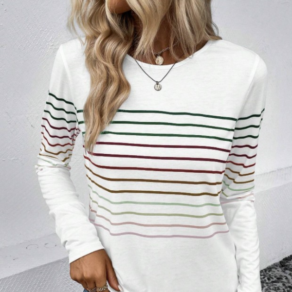 2023 Autumn/Winter New Fashion Versatile Fashion Slim Stripe Printed Round Neck Long Sleeve Popular Office Lady Women's T-shirt