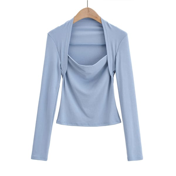 2024 New Fashion Spring Women's Clothes Solid Skinny Sexy Tops Lust Fake Two Long Sleeve Deep Square Collar T-Shirts