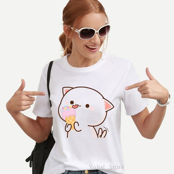 2022 Kawaii Peach And Goma Mochi Cat Love Ice Cream Cartoon Print Tshirt Women'S Clothing Funny T Shirt Femme Harajuku Clothes