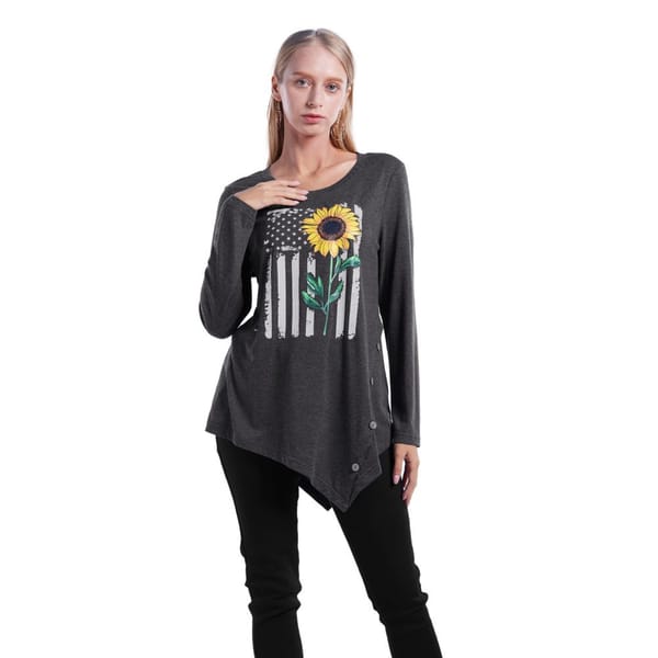 Women's Sunflower Printed Long Sleeve Top Irregular Hem Button T-shirts