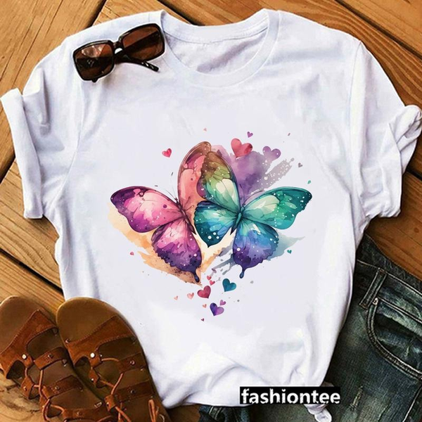 Women's Fashion New Watercolor Butterfly Pattern Printed T-Shirt Casual Cute Butterfly Harajuku Shirt T-Shirt