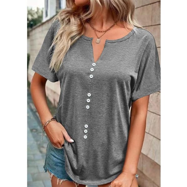 Women's Clothing Solid Color Short Sleeve V-Neck Fashion Casual All-match V-Neck Loose Spliced Button Oversized Tops T-shirts