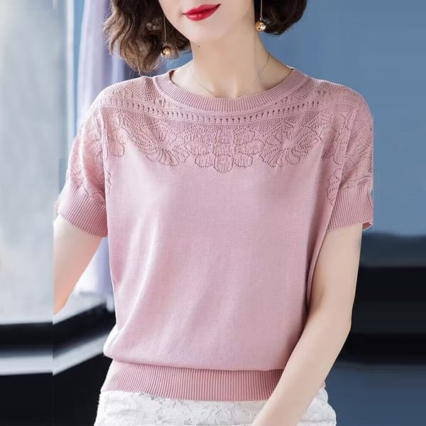 Women's Clothing 2024 Summer Korean Fashion Elegant Hollow Ice Silk Knitted T-shirts Casual Solid O Neck Short Sleeve Loose Tops