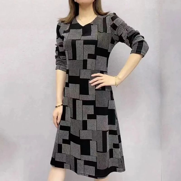 Autumn New Women's Fashion V-neck Printed Long Sleeved Dress Spring Leisure Commuting Comfortable and Versatile Long Skirt