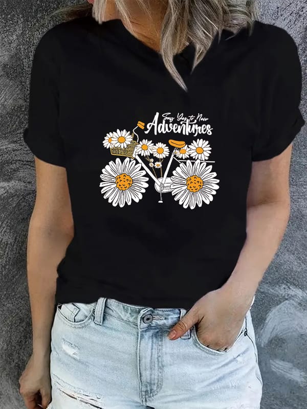 Daisy Pattern T-Shirt Women's Cute Shirt Summer Fashion Casual Round Neck Short Sleeved Original Style 2024 New Women's Top