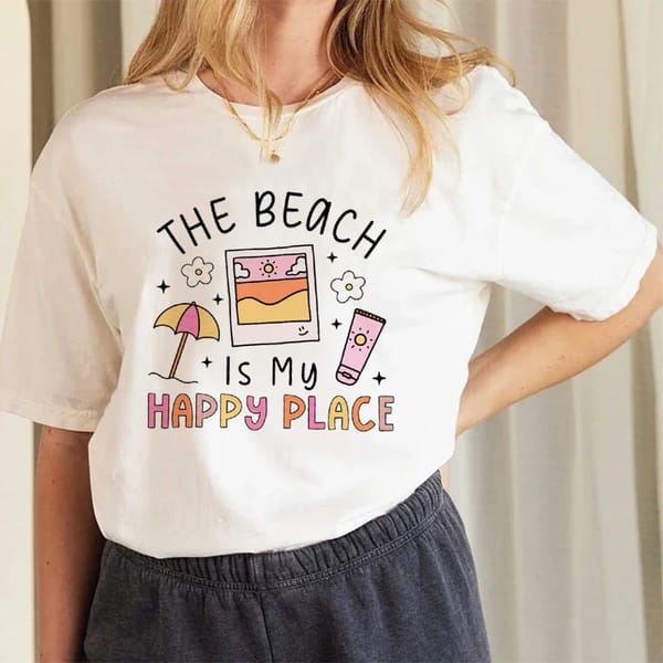 The Beach is My Happy Place Printed Short Sleeved Top Cartoon O-Neck Fashion Women's T-Shirt Pattern T-Shirt Printed T-Shirt.