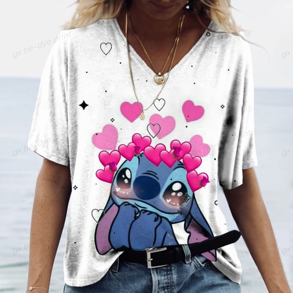 Women's clothing V-neck short sleeved T-shirt summer plus size clothing T-shirt cute Lilo&Stitch printed top animal pullover cas
