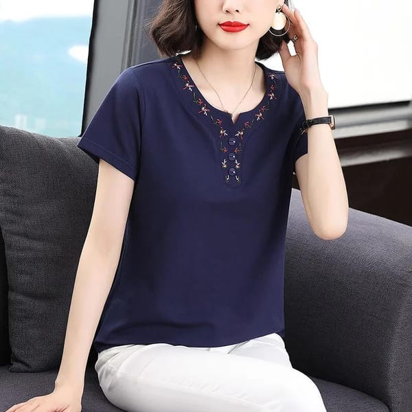 New Summer Women's Solid Color Splicing O-Neck Short Sleeve Loose Plus Size Thin Embroidery Button Fashion Casual Tops
