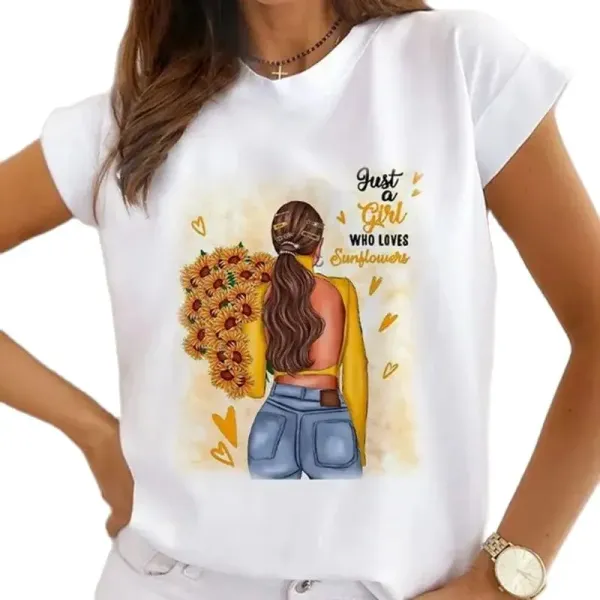 The New Summer Print Women's Round Neck T-shirt Women's Loose Short Sleeves Round Neck Tops Base Women Clothing Tops