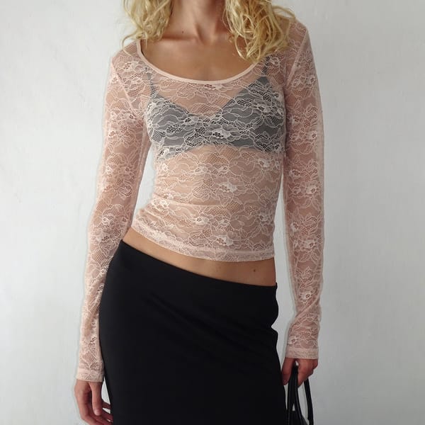 Women's Lace Long Sleeve T-Shirts Basic Round Neck See-Though Slim Fit Tops Dressy Blouses