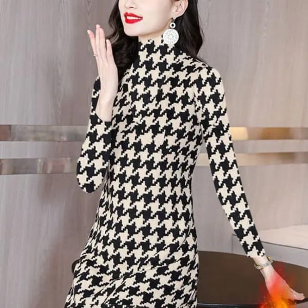 Women's Autumn Winter New Fashion Simple High Necked Bird Pattern Temperament Versatile Long Sleeved Loose Mid Length Dress