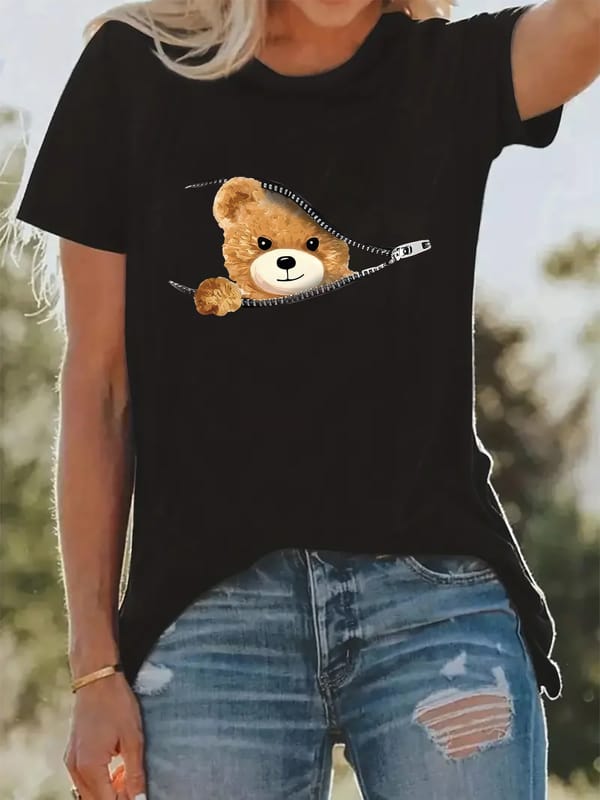 2024 Cool Bear Women's Pattern T-Shirt Summer Cute O-Neck Casual Short Sleeve Harajuku Creative Design Top T-Shirt
