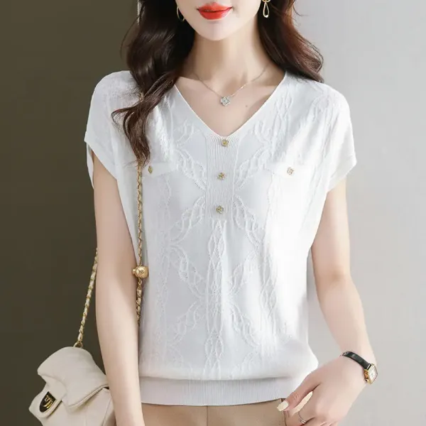 Summer New Ice Silk Short Sleeved T-shirt Women's Solid Korean Loose V-neck Button Fashion Simple Temperament Versatile Thin Top