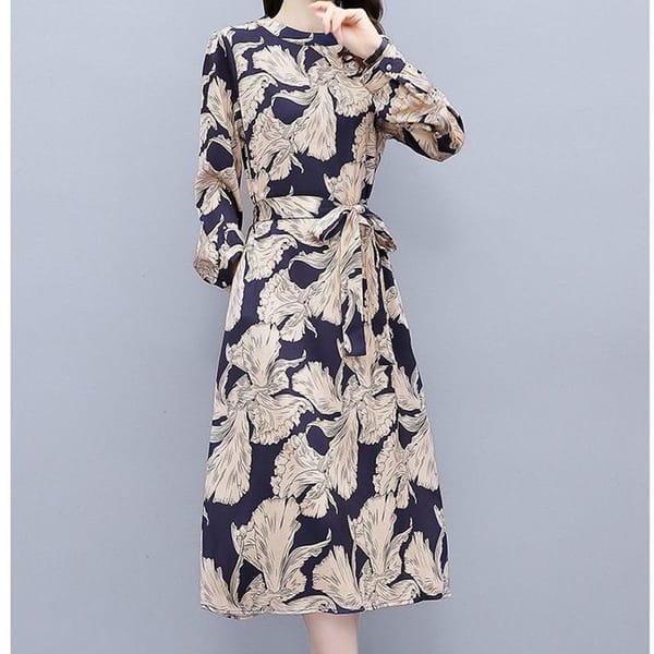 2023 Spring Women's New Round Neck Long Sleeved Printed Belt Dress Autumn Fashion Flowing Commuter Leisure Comfortable Dress