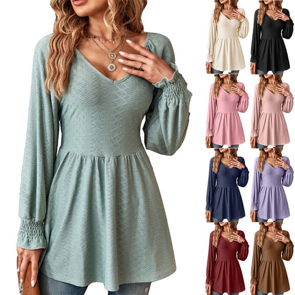 2023 Autumn and Winter Women's New Fashion V-neck Jacquard Splice Solid Color Casual Comfort Versatile Long Sleeve Top