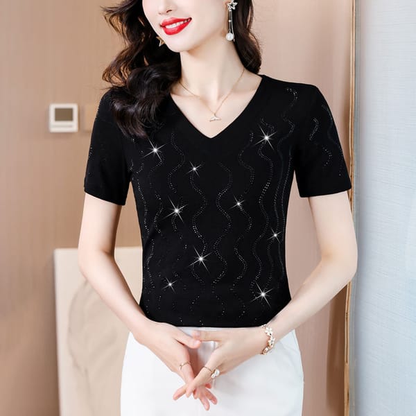 New Summer Women's Solid Colors V-Neck Short Sleeve Loose Thin Trendy Rhinestone Lace Pullovers Fashion Casual Commute Tops