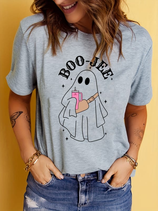 Halloween Ghost Print Crew Neck T-shirt, Casual Short Sleeve Summer Top, Women's Clothing