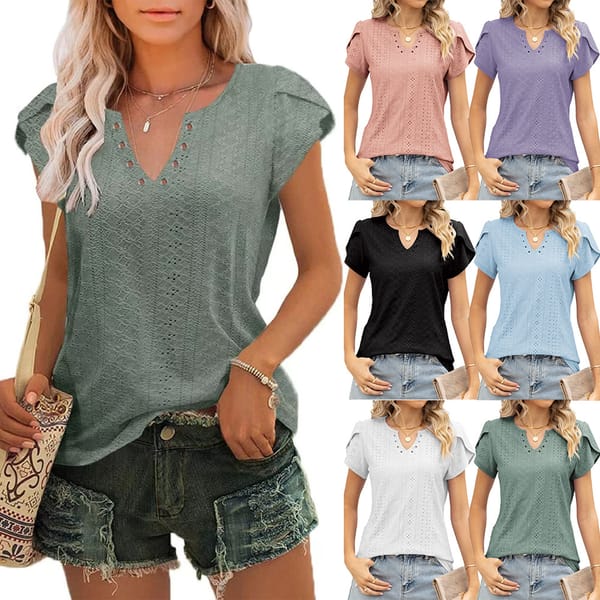 Women's Shirt Summer New Fashion V-neck Button Hollow Loose Short-sleeved T-shirt Tops Female