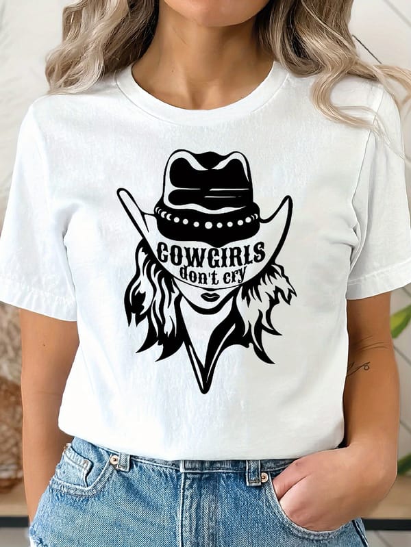 Cowgirls Print Crew Neck T-Shirt, Casual Short Sleeve Top For Spring & Summer, Women's Clothing