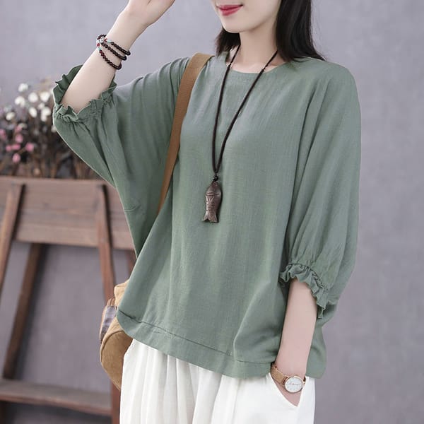 Summer Women's 2024 New Patchwork Pullover O-Neck Fashion Solid Color Minimalist Commuter All-match Casual Lantern Sleep Tops