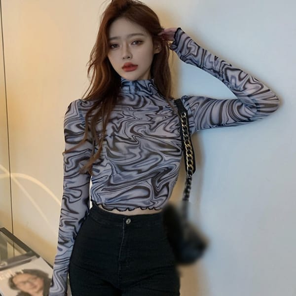 Sexy Women's Slim Sexy Bottoming Shirt Long Sleeve Mesh Short Pullover Tops Female Clothing Fashion Streetwear