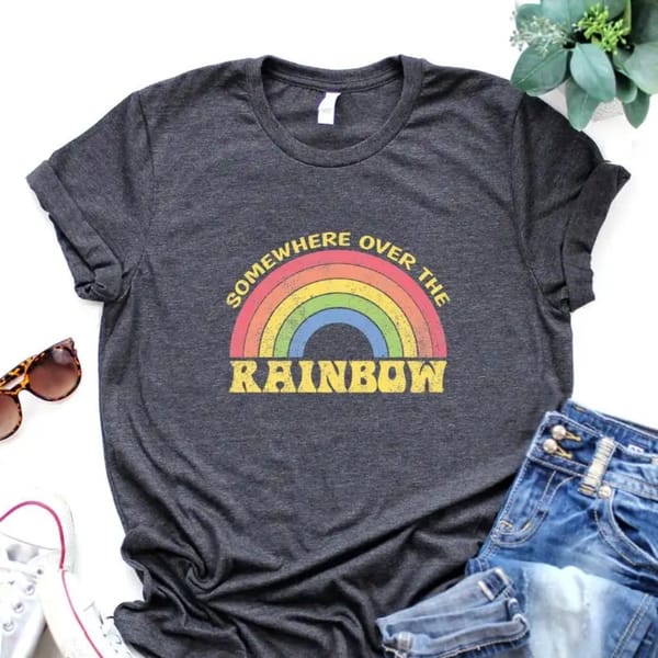 Vintage Rainbow T Shirt  Women's Short Sleeve Cotton Tops  Funny Vintage Comfortable  Casual Letter Print Graphic O Neck Tees