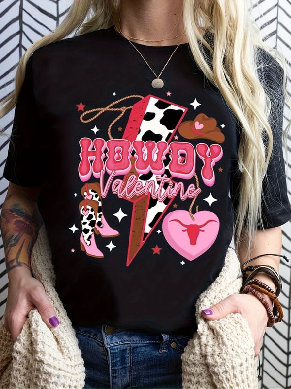 Valentine's Day Heart Print Casual T-Shirt, Round Neck Short Sleeves Slight Stretch Tee, Women's Activewear