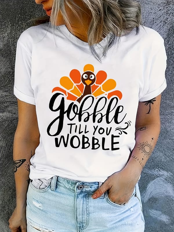 Thanksgiving Turkey Print T-shirt, Casual Short Sleeve Crew Neck Top, Women's Clothing