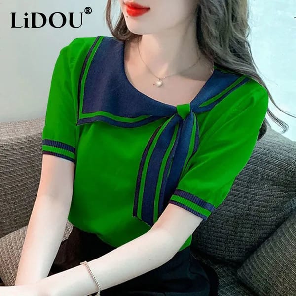 Spring Summer New Fashion Casual Scarf Collar Sweet Knitted T-shirt Female Short Sleeve All-match Pullover Tee Women's Clothing