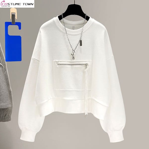 2024 Autumn New Personalized Pocket Long Sleeved Round Neck Sweater for Women's Korean Short Loose Small and Versatile Top Trend