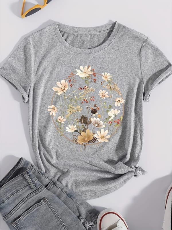 Floral Graphic Crew Neck T-Shirt, Casual Short Sleeve T-Shirt For Spring & Summer, Women's Clothing