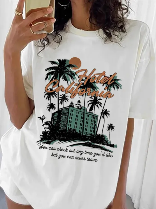Women's Fashion California T-Shirt Pattern Short Sleeved Trendy Print Summer Beach Travel Leisure Style Women's O-Neck Top T-Shi