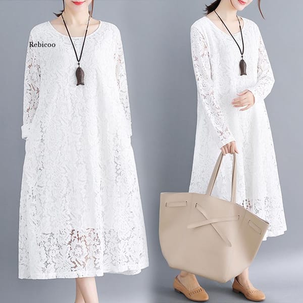 Large size dress women's loose thin mid-length spring summer new openwork lace stitching round neck long-sleeved dress