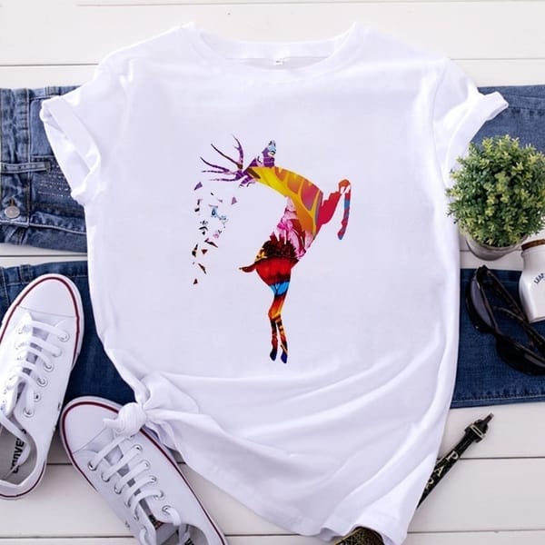 Small Animal Print Round Neck White T-shirt Short Sleeve Women's Dress Oversized T Shirt  Women Clothing  Harajuku  Tops