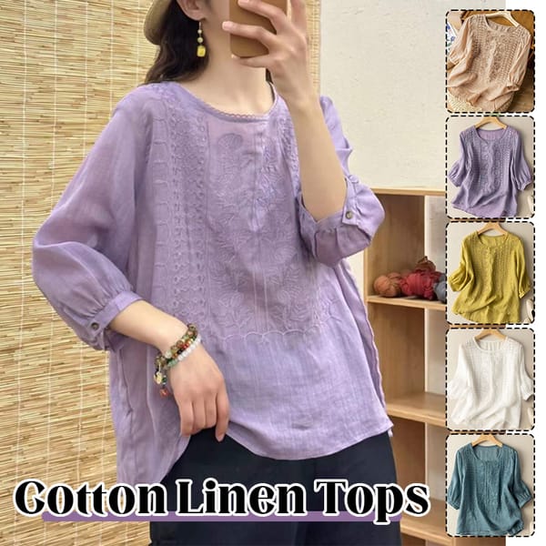 New Women's Summer Retro V-neck Embroidered Half Sleeve Sleeves Loose Fashion Casual Solid Color Ruched Cotton Linen Shirts Tops