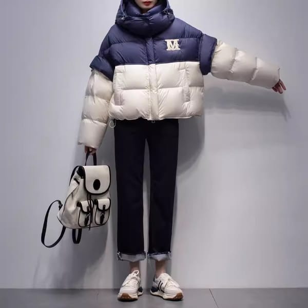2024 Winter New Contrast Panel Down Coat Women's Street Clothing Thicken Hooded Parkas Short 90%White Duck Down Warm Coat Femal