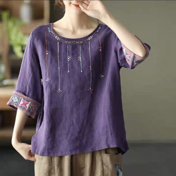 Women's 2024 Summer Vintage Ethnic Style Pullover O-Neck Patchwork Embroidery Fashion Comfortable Cotton and Hemp Loose Tops