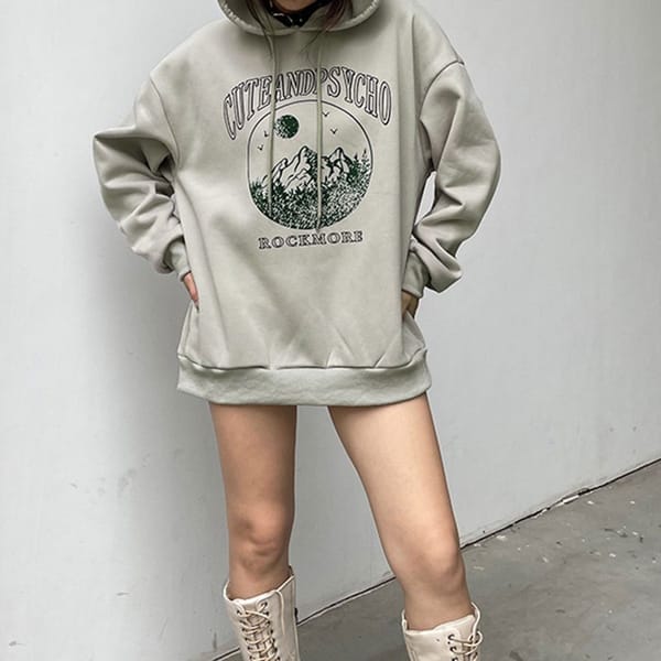 Hooded Printed Strappy Sweatshirt American Campus Style Women'S Pullover Outer Wear Loose Slimming Hot Girl Top