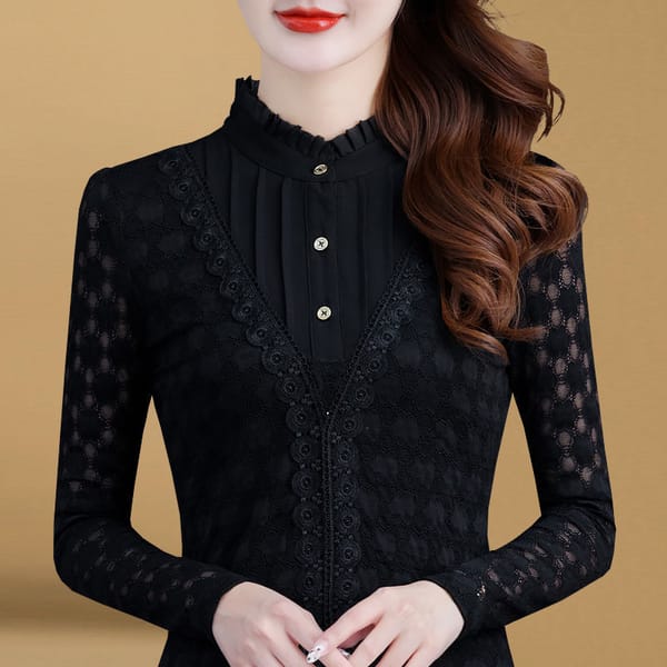 2023 Autumn and Winter Women's Fashion Buckle Standing Neck Lace Chiffon Panel Long Sleeve Slim Fit Comfortable Versatile Top